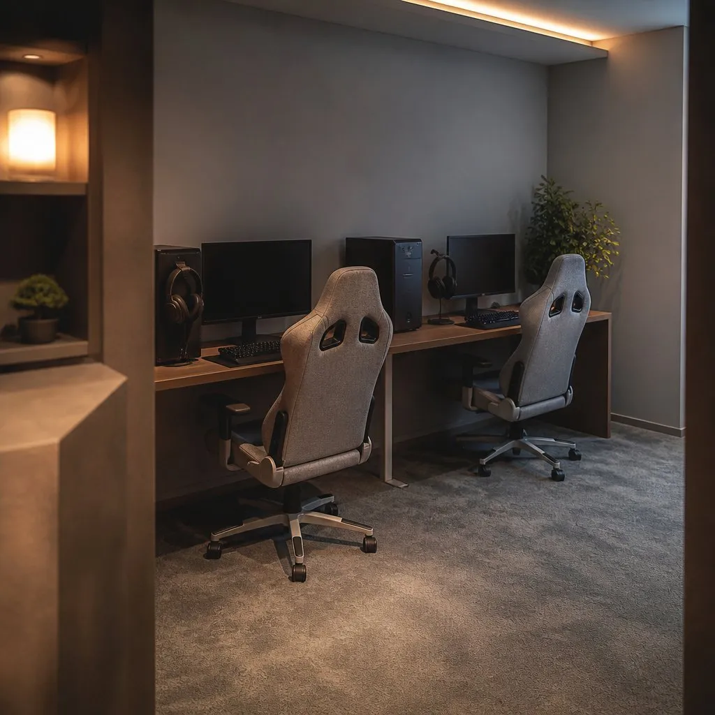 Two paired gaming stations sharing one desk in a calm carpeted corner