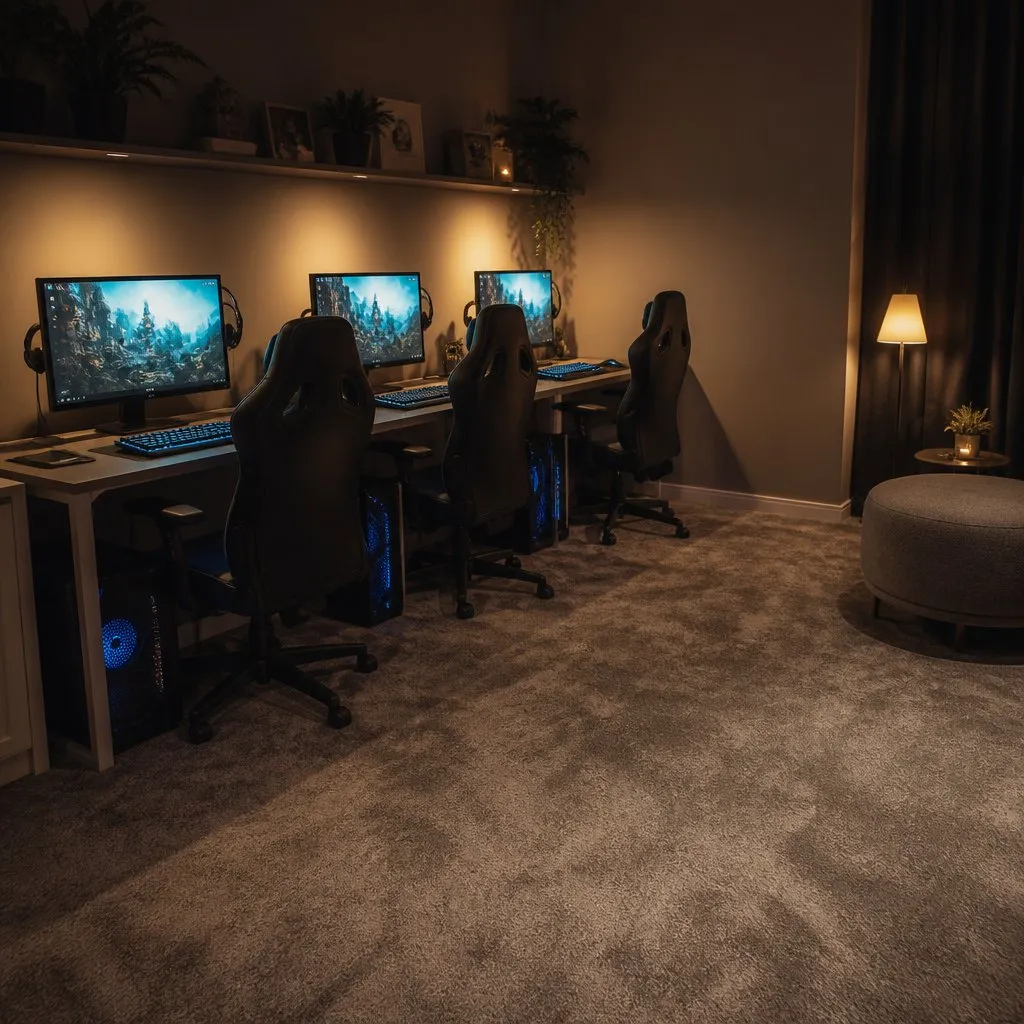 A short bank of gaming stations glowing softly under low warm evening lamps