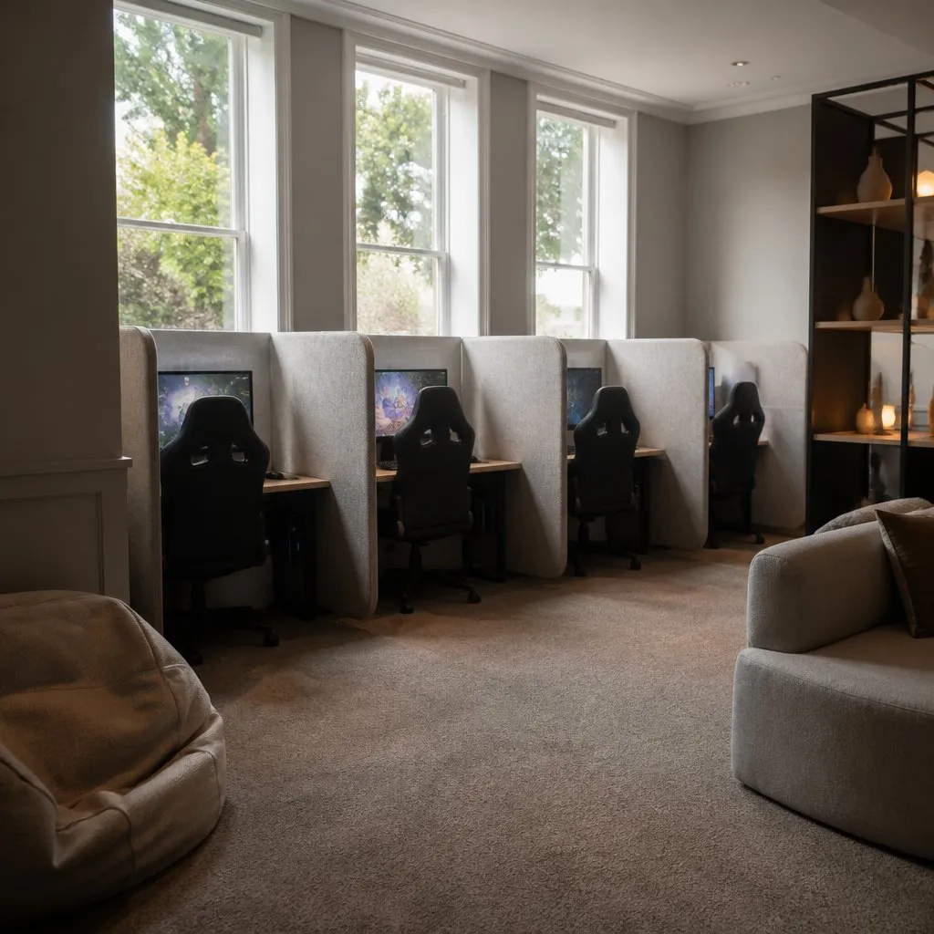 Four gaming stations along tall bright windows with fabric dividers in the quiet club