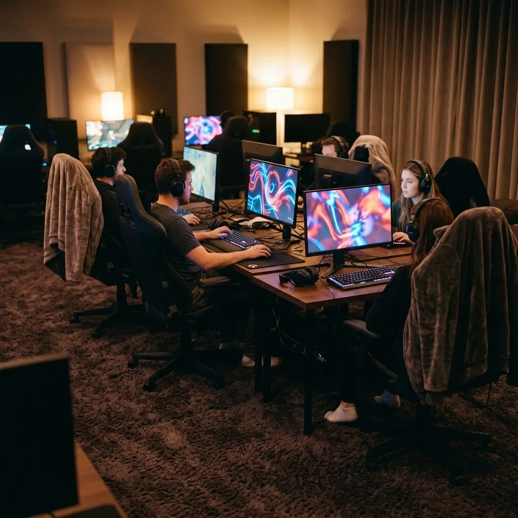 Gaming stations lined up on a soft carpet in the quiet computer club