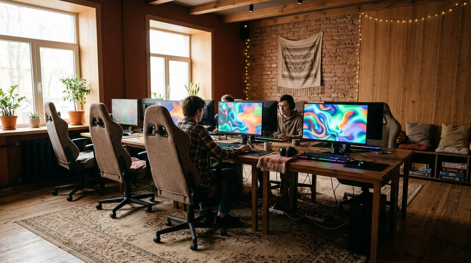 Bright, carpeted computer club room with quiet gaming stations in warm grey light